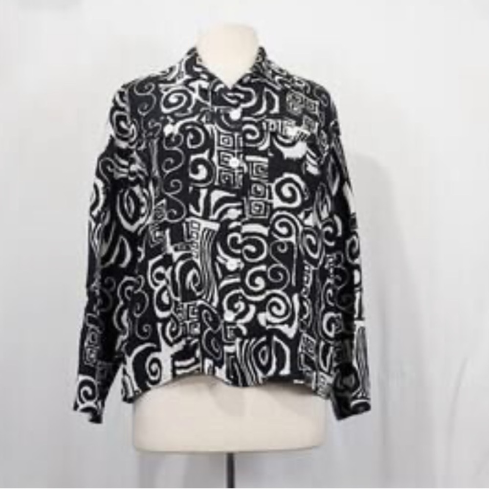 NT iOS jacket Womens size 1X button up pockets top shirt blouse black white